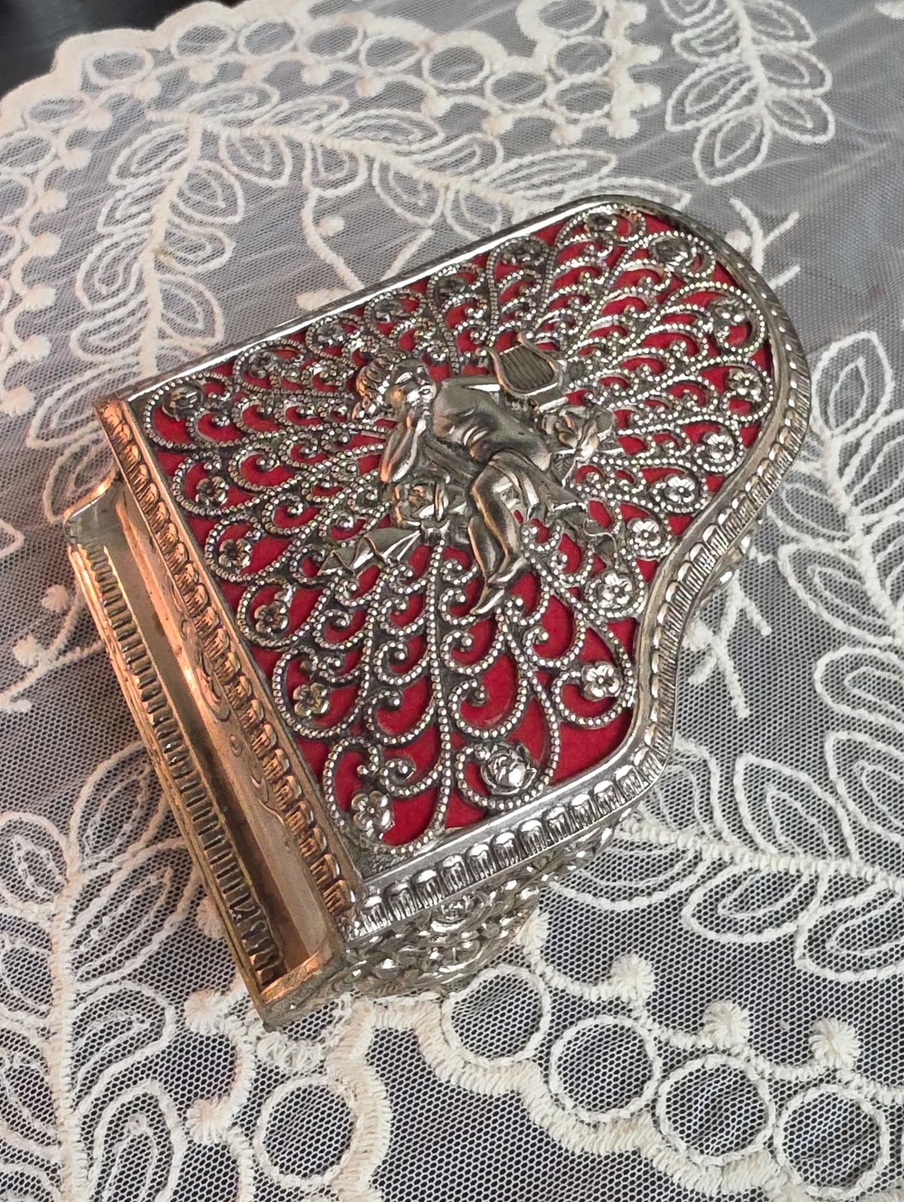 Vtg Japan 1950 Silver Filigree Piano-Shaped Trinket Box with Red Lining